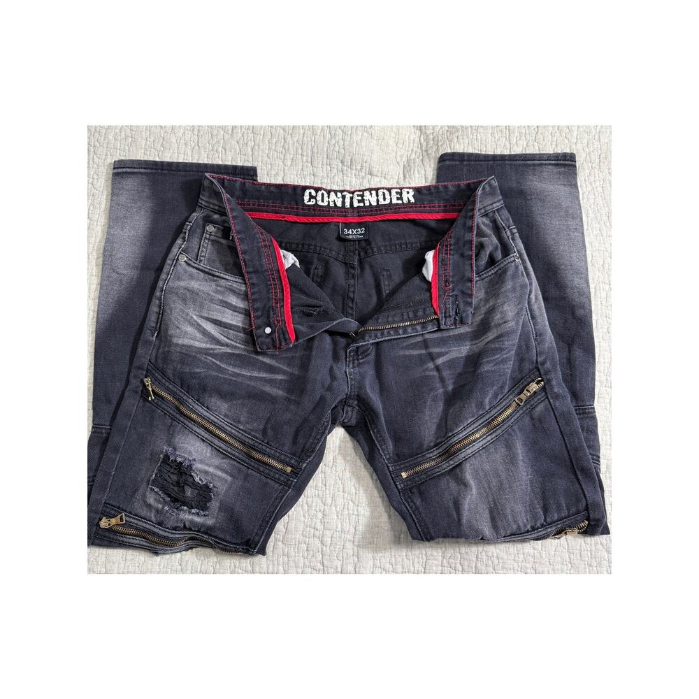 Contender Jeans Men 34x32 Black Distressed Zipper Grunge Skater Denim Moto Y2K